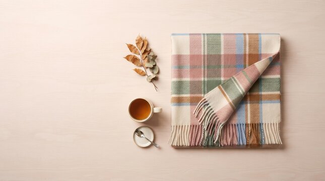 Warm Tea, Wool Blanket, and Nature Elements on Minimalist Table