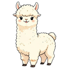 Naklejka premium Cute Alpaca Illustration: A charming cartoon alpaca with a fluffy white coat stands looking forward with a gentle smile and rosy cheeks, ready to capture hearts.