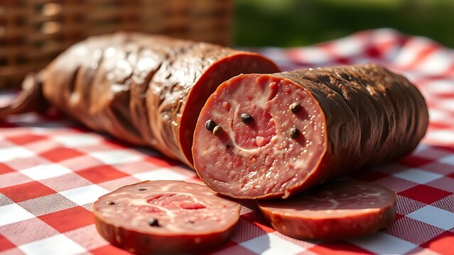 A sliced sausage on a checkered blanket reveals its rosy interior with peppercorns.