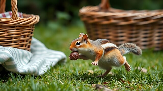 Chipmunk with full cheek pouches darting away from a picnic basket.