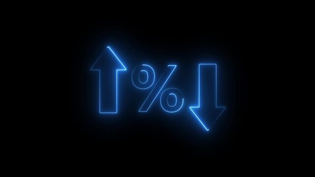 Neon percentage icon animation with glowing blue up and down arrows for financial market, interest rate and business analytics.
