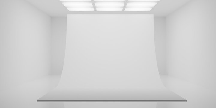Empty blank white large room or art gallery background with photo studio backdrop and grid ceiling light, modern interior or production presentation template