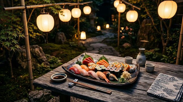 Delicious Sushi Platter in a Traditional Japanese Garden at Night