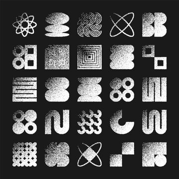 Brutalist geometric shapes, dotted objects. Stipple elements modern symbols. Simple primitive forms. Retro design, trendy contemporary minimalist style, y2k. Dot shading, drawing. Vector illustration