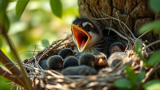 Large cuckoo chick in a robin's nest with mouth open wide.