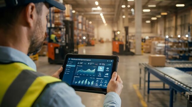 Warehouse worker checking management software on tablet