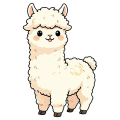 Naklejka premium Cute Alpaca Illustration: A charming, fluffy white alpaca with big, innocent eyes and a friendly smile stands proudly, rendered in a delightful cartoon style.