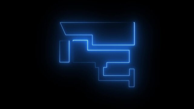 Abstract neon blue color outline of a security camera against a black background cc tv surveillance. 4k animation motion graphics video..