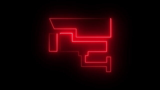 Abstract neon red color outline of a security camera against a black background cc tv surveillance. 4k animation motion graphics video..