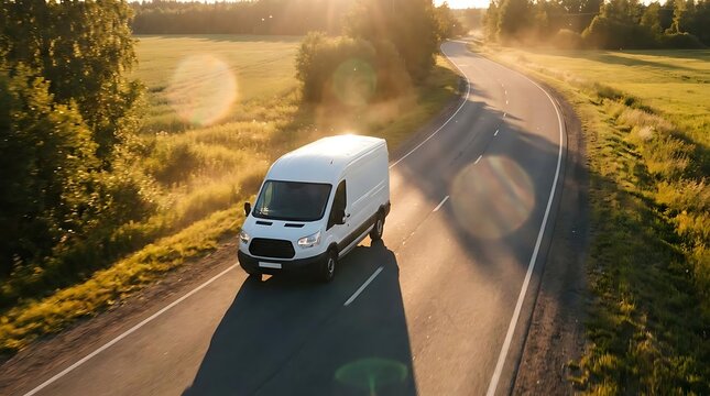 White delivery van driving on a winding rural road
