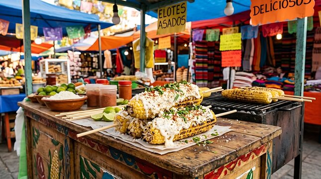 Mexican Grilled Corn (Elotes) at a Traditional Outdoor Street Market