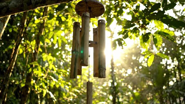 Peaceful bamboo wind chimes hanging in a lush forest garden with golden morning sunlight flare