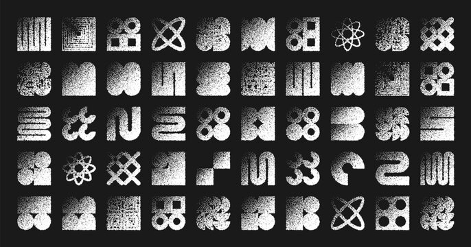 Brutalist geometric shapes, dotted objects. Stipple elements modern symbols. Simple primitive forms. Retro design, trendy contemporary minimalist style, y2k. Dot shading, drawing. Vector illustration