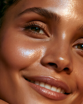 Extreme close-up portrait of woman with dewy glowing skin and warm brown eyes after dermaplaning facial treatment