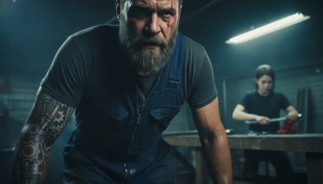 Rugged man with beard and tattoos in workshop, concept of hard work and craftsmanship