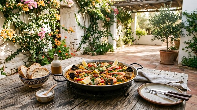 Traditional Spanish Seafood Paella Served on a Rustic Outdoor Table