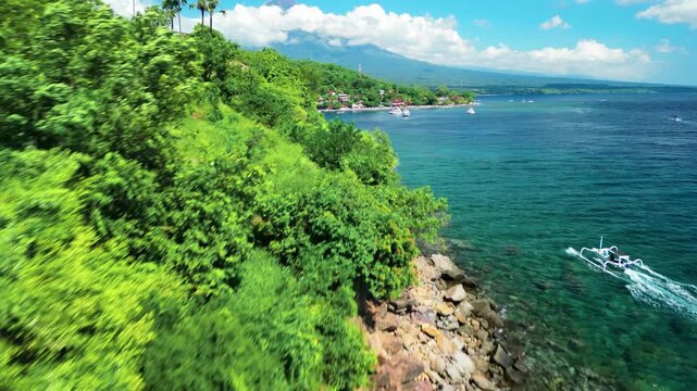 Cinematic Drone Reveal Over Amed Coastline, Bali Indonesia, Boats