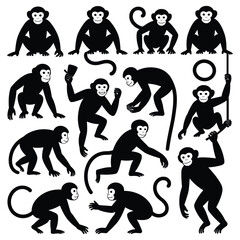 Monkey Silhouettes In Various Poses Black On White Background © MDHASAN