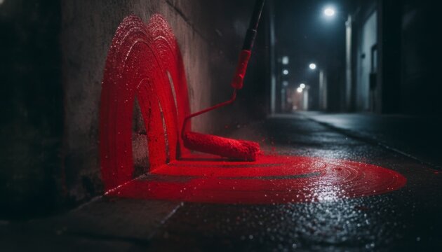 Red paint roller leaving a vibrant trail on a dark street, concept of making an impact and change