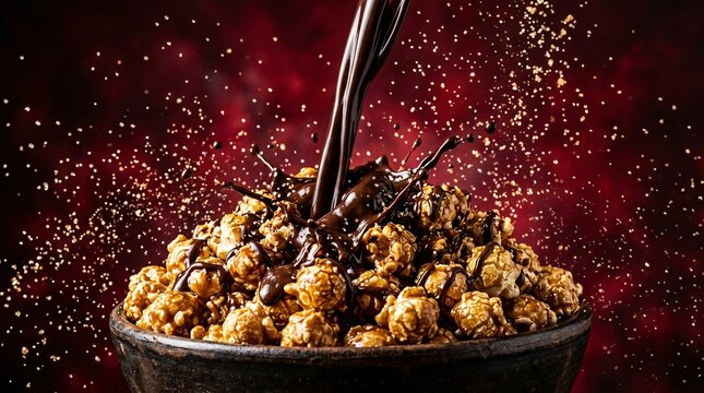 Rich dark chocolate syrup pours lavishly over a mound of freshly popped caramel popcorn beautifully against a dramatic dark red background.