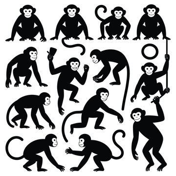 Monkey Silhouettes In Various Poses Black On White Background