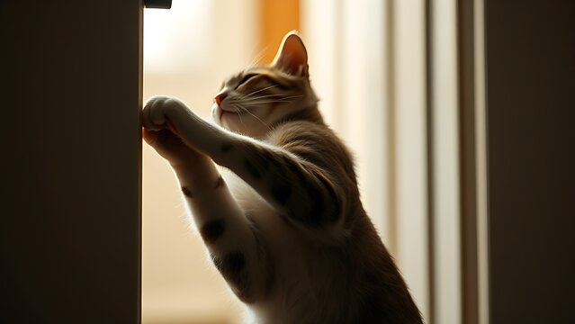Cat held at doorway leaning back with claws on doorframe.