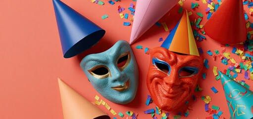 Obraz premium Bright coral background adorned with lively party hats, colorful masks, and festive confetti for carnival celebration.