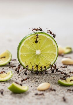 A Tiny Feast: Ants swarm a vibrant lime slice, a miniature world of industry on a textured canvas.