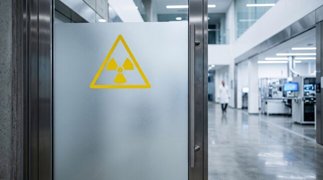 Striking yellow radiation warning symbol is mounted on a beautiful frosted glass door leading into a pristine advanced research facility.