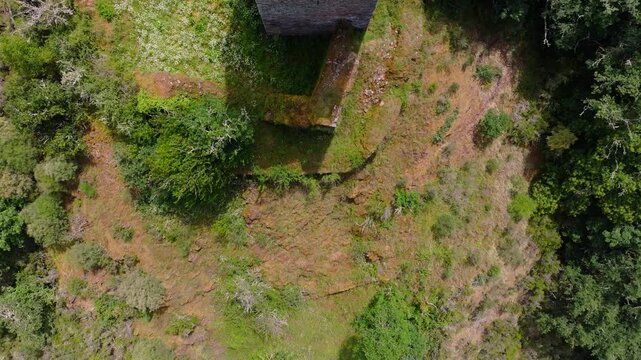 Top View Of Torre de Doncos - Medieval Fortress Tower In As Nogais, Lugo, Spain. Aerial Shot