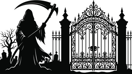 Fototapeta premium Grim reaper silhouette with scythe standing at spooky ornate cemetery gates for Halloween horror concept