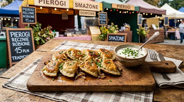 Authentic Fried Polish Pierogi with Onions and Chives at a Market