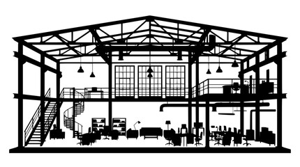 Industrial office loft interior silhouette with open floor plan and mezzanine © Selasang
