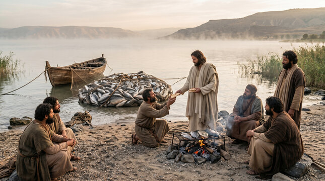 Jesus and the miraculous catch of 153 fish on the Sea of Tiberias after his resurrection, eating breakfast on the shore