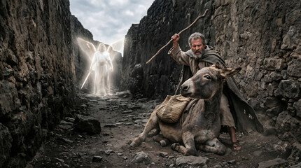 Fototapeta premium Balaam's donkey turning its head to speak to its master after being beaten for avoiding the invisible Angel of the Lord