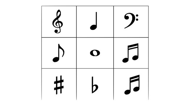 Musical notes and clefs grid with treble bass clef symbols featuring quarter half and whole notes with musical staff lines