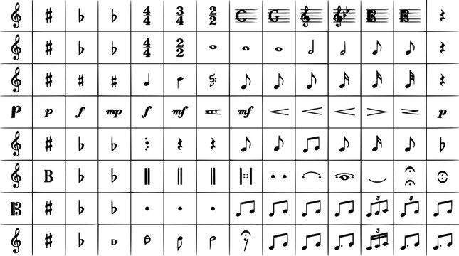 Musical symbols grid set with treble clef, bass clef, quarter note, eighth note, and flat symbol featuring music notation elements with clean vector style and symmetry