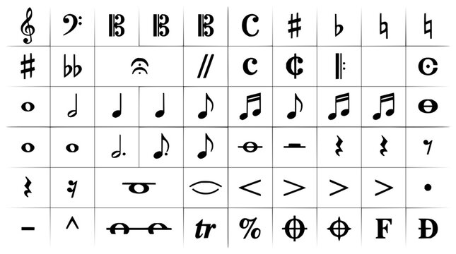 Musical symbols grid set with treble clef, bass clef, quarter note, eighth note, and flat symbol featuring music notation elements with clean vector lines and icons