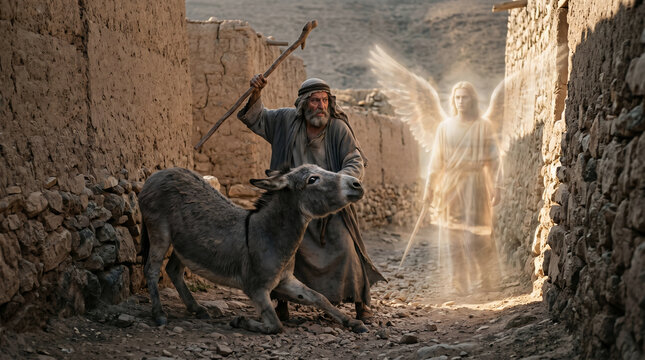 Balaam's donkey turning its head to speak to its master after being beaten for avoiding the invisible Angel of the Lord