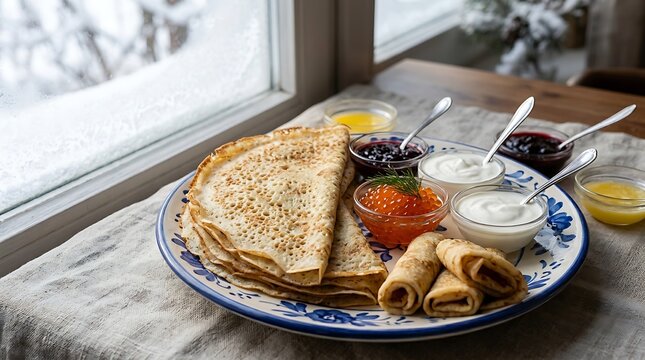 Traditional Russian Pancakes (Blini) with Red Caviar, Sour Cream and Jam
