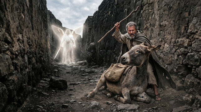 Balaam's donkey turning its head to speak to its master after being beaten for avoiding the invisible Angel of the Lord