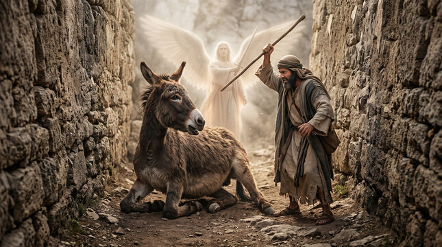 Balaam's donkey turning its head to speak to its master after being beaten for avoiding the invisible Angel of the Lord
