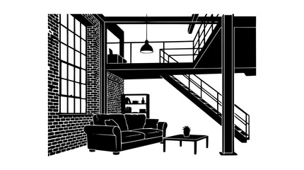 Modern Industrial Loft Living Room Interior Silhouette Vector Illustration © Sutijo