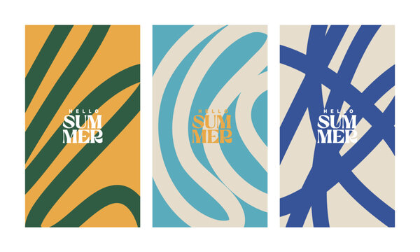 A creative concept for a bright and fresh summer card set. Modern abstract art design featuring shapes and wavy lines. Templates for celebrations, advertisements, branding, banners, covers, labels, po
