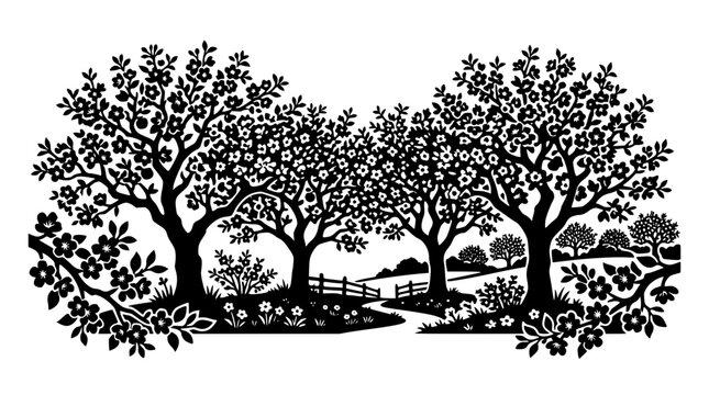 Monochrome Papercut Style Silhouette of a Spring Orchard with Blossoming Trees