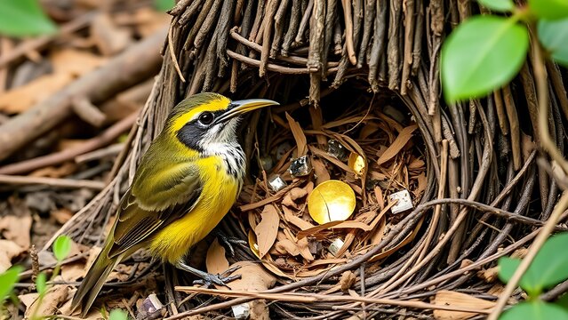 A bowerbird arranging shiny debris in its courtship bower.