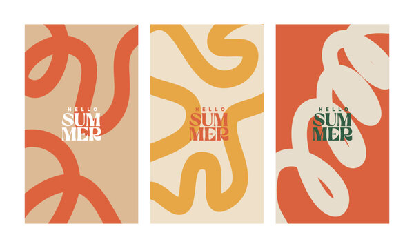 A creative concept for a bright and fresh summer card set. Modern abstract art design featuring shapes and wavy lines. Templates for celebrations, advertisements, branding, banners, covers, labels, po