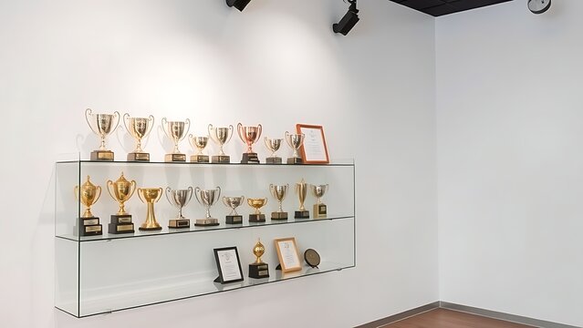 Modern showroom display of shining trophies and framed certificates under spotlight.