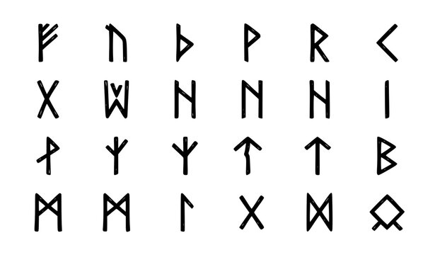 Set of elder futhark runes featuring ancient viking alphabet characters isolated on a white background