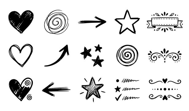 Set of hand drawn doodle elements including hearts stars arrows swirls and decorative dividers in black ink